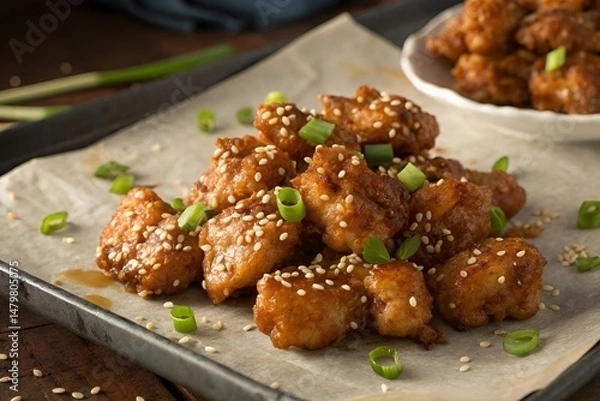 Obraz Crispy Sesame Chicken Close-Up on Baking Sheet with Glaze and Green Onions