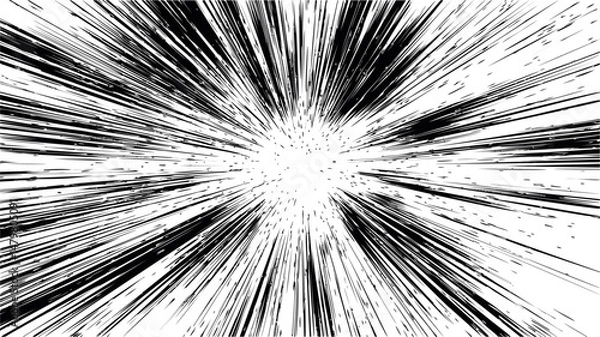 Fototapeta Black and white speed lines radiating from a center point, comic style action. Vector illustration