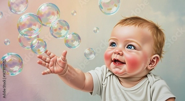 Obraz Baby reaching for bubbles with a joyful expression against pastel background  