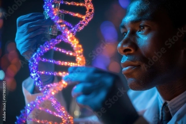 Fototapeta A researcher examining a DNA model in a genetics lab, discovery