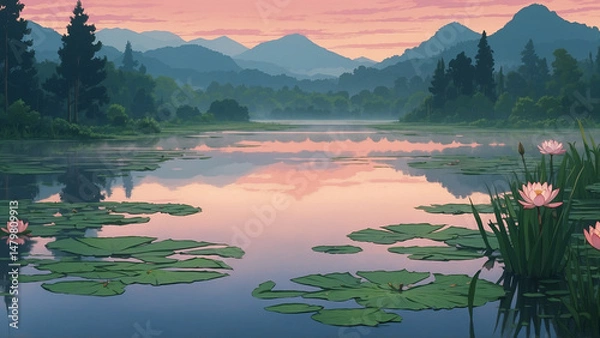 Obraz Mist rises above a still lake with water lilies in the foreground and gentle peach light brushing distant peaks in an anime landscape