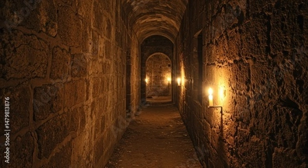 Fototapeta Dimly lit stone corridor interior