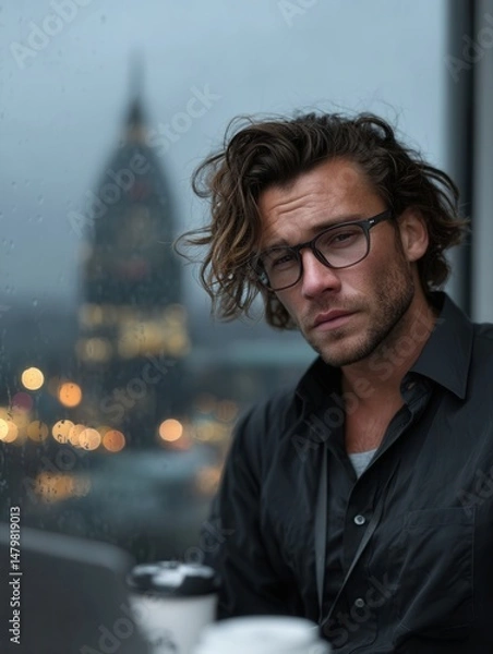Obraz Young man with glasses looking thoughtfully through rainy window at cityscape during evening or night