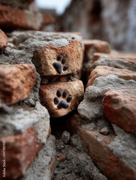 Obraz Close-up of a brick wall with painted black paw prints on some bricks, outdoor setting with weathered bricks and mortar