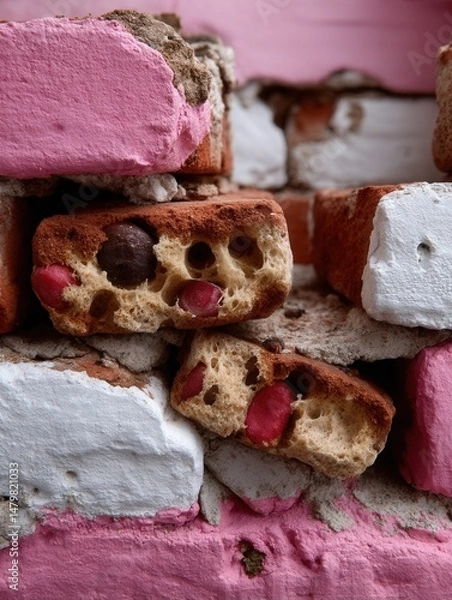 Fototapeta Close-up of assorted halva blocks with various textures and colors, stacked on pink surface