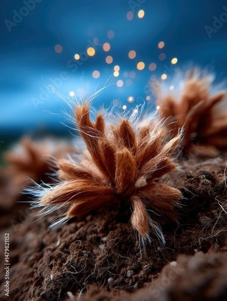 Obraz Close-up of a pine cone with seeds on the forest floor during night with bokeh light effects background