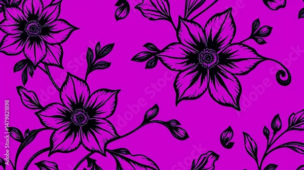 Obraz A vibrant, high-resolution floral pattern set against a rich, bright purple background, featuring bold, intricate black flowers with delicate petals and stems.