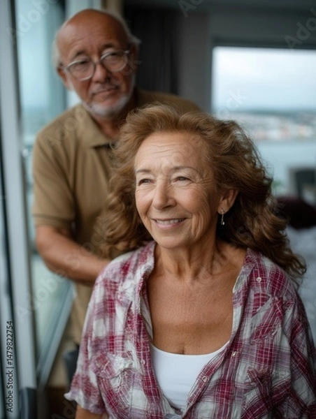 Fototapeta Elderly couple enjoying a moment together in a bright, modern apartment with large windows and city view