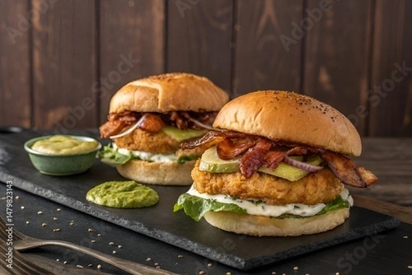 Obraz Gourmet Chicken Burgers on Slate with Bacon, Lettuce, and Sauces – Photorealistic Food Image