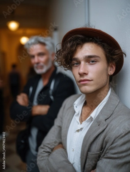Obraz Young man with curly hair and fashionable attire leaning against wall, with an older man blurred in the background in cozy indoor setting