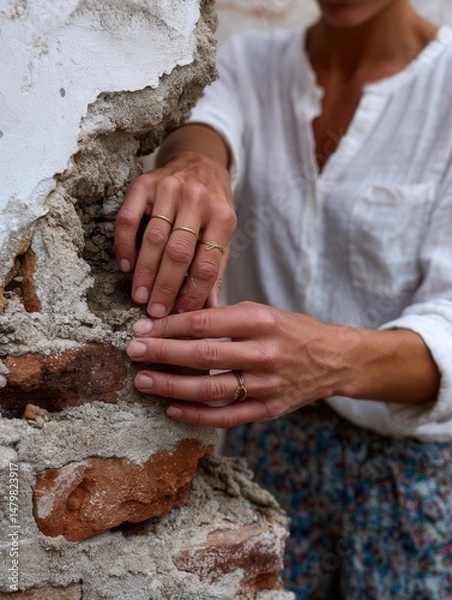 Obraz Close-up of woman's hands with rings touching a weathered brick and plaster wall in natural outdoor setting