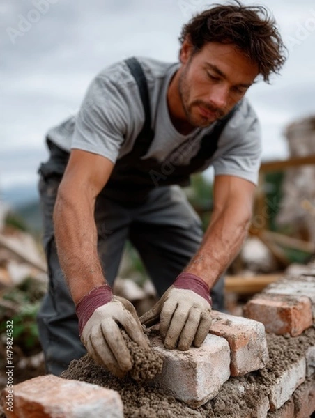 Obraz Man Building a Brick Wall Outdoors in a Garden or Yard with Overcast Sky