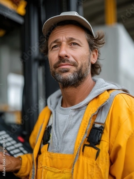 Obraz Male worker in yellow safety jacket and gray hoodie standing indoors in industrial environment