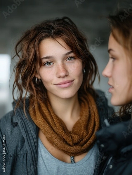 Obraz Close-up of two young women engaging in conversation indoors, one smiling at the camera with natural makeup and brown curly hair