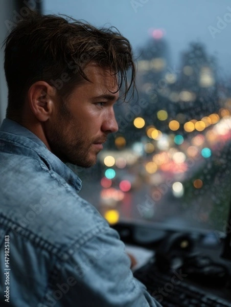 Obraz Young man working on a laptop in a rainy evening cityscape with blurred colorful lights outside the window