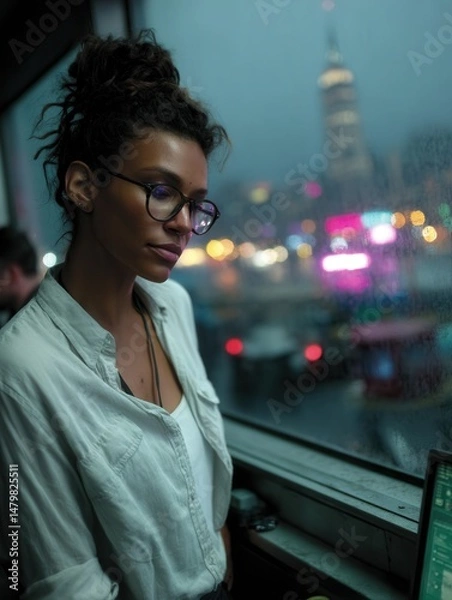 Obraz Young woman with glasses on a bus at night, city lights blurred through rain-covered window