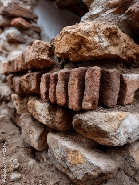 Obraz Close-up of an old brick and stone wall with rustic texture and weathered appearance