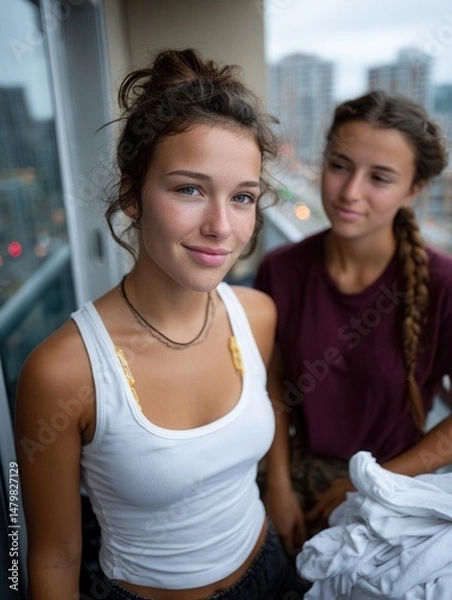 Obraz Close-up of two young women on a balcony with city views, relaxed and casual outdoor setting