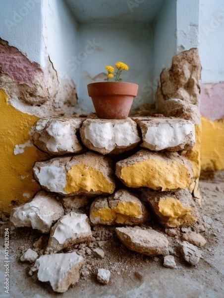 Obraz Vintage rustic stone wall with colorful painted sections and small potted yellow flowers on ledge
