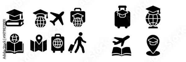 Fototapeta Collection of web icons representing education, travel, and global connectivity for diverse applications