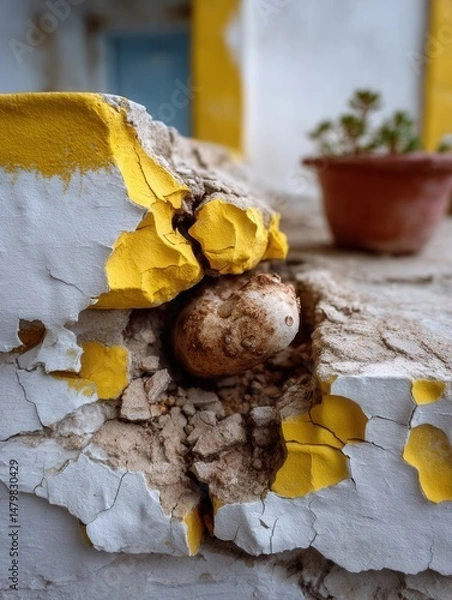 Fototapeta Close-up of a broken concrete wall with yellow paint and a potato underneath, potted plant in background
