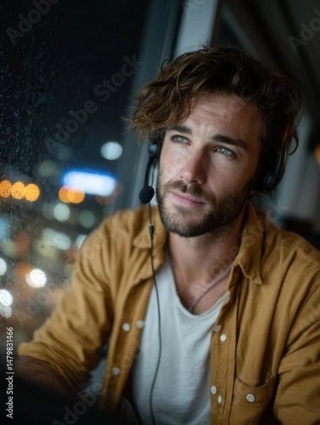 Obraz Young man with headphones working at night, looking out window, city lights blurred background