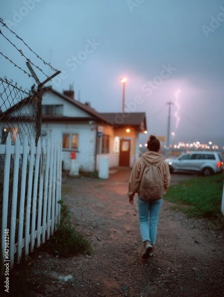 Fototapeta Person walking near house during thunderstorm with lightning and rain at dusk or evening