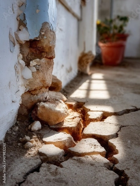Obraz Close-up of Cracked and Damaged Concrete Floor Near Wall with Peeling Paint and Pots