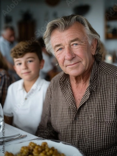Obraz Senior man and young boy enjoying family dinner at restaurant with blurred background and food on table