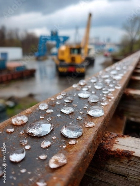 Obraz Close-up of water droplets on rusty railroad track with construction machinery in background during overcast weather