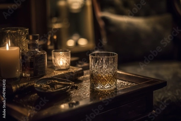 Fototapeta A sophisticated evening with a glass of whiskey in a dimly lit, elegant speakeasy