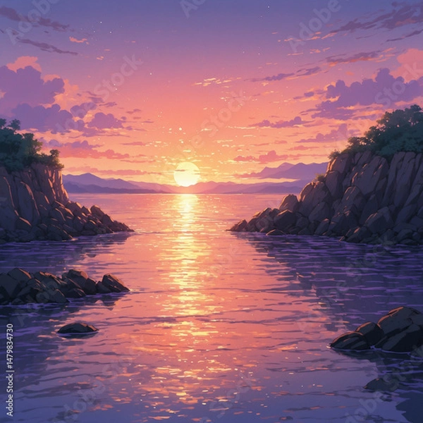Obraz Sunset glow lights the sky in soft purple and peach above gentle waves and scattered rocks in a tranquil anime landscape