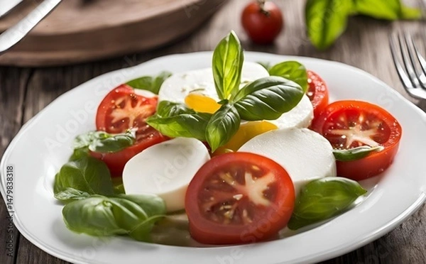 Fototapeta Enjoy a traditional Caprese salad featuring heirloom tomatoes, fresh mozzarella and basil, drizzled with a tangy balsamic reduction. A refreshing and flavorful Italian classic.