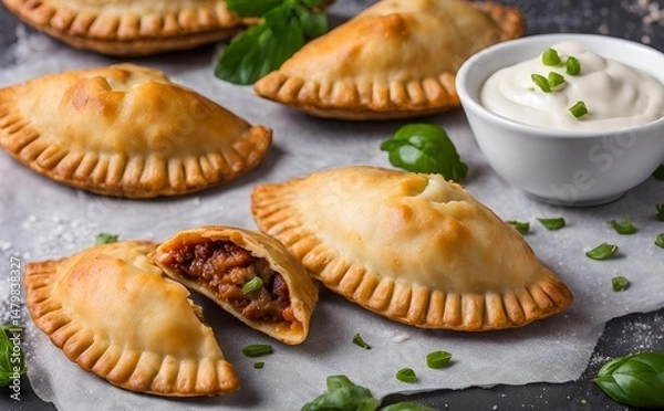 Fototapeta Empanadas are crispy delicious pastries that are incredibly appetizing. With their savory fillings and golden-brown crusts, they make a perfect snack or meal option.