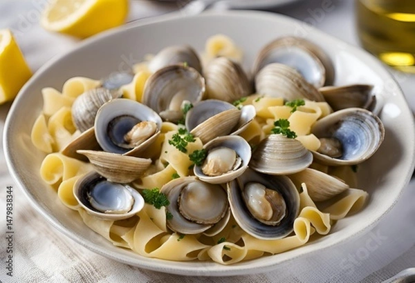 Fototapeta Clam Pasta, A delectable dish featuring tender pasta combined with succulent clams, sauteed garlic and a splash of white wine, creating a flavorful aromatic seafood experience.