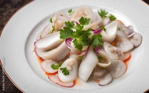 Fototapeta Geoduck ceviche, A unique seafood dish featuring tender geoduck clams marinated in citrus juice with fresh herbs, onions and peppers, offering a zesty and flavorful experience.