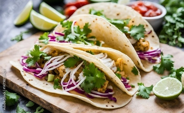 Fototapeta Cod fish tacos with purple cabbage and cilantro enhanced with a squeeze of lime. This dish combines tender cod, crisp vegetables and zesty citrus for exceptional flavor.