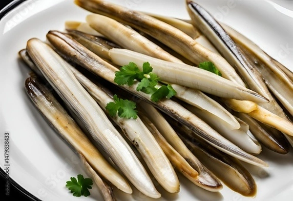 Fototapeta Sauteed razor clams with a fresh vibrant seafood aroma. Each bite delivers a delightful savory taste, capturing the essence of the ocean in a perfectly cooked dish.