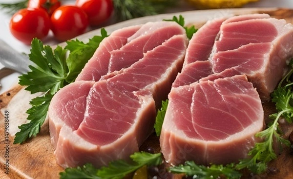Fototapeta High-quality fresh tuna fillet, rich in nutrients carefully prepared for a delicious meal. Perfect for various recipes, showcasing its vibrant color and texture.