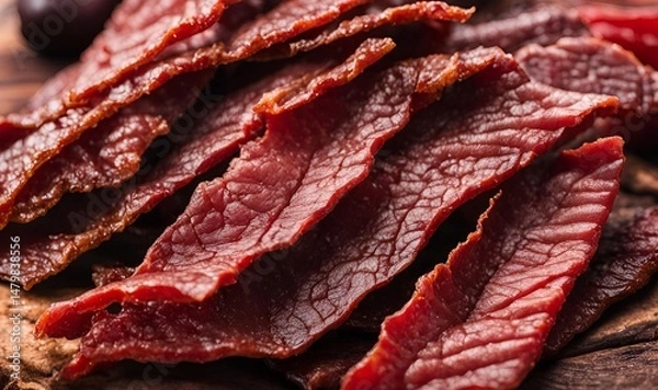 Fototapeta Beef jerky made from lean trimmed meat, cut into strips and carefully dehydrated. This process preserves the meat, enhancing flavor while preventing spoilage and ensuring freshness.