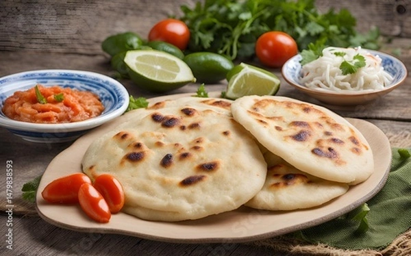 Fototapeta Pupusa is a traditional Salvadoran dish consisting of thick corn tortillas filled with cheese, beans or meat, often served with curtido and salsa for added flavor.
