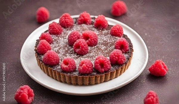 Fototapeta Raspberry Chocolate Tart, A decadent dessert featuring a rich chocolate filling complemented by tart raspberries, all nestled in a crisp, buttery pastry crust.