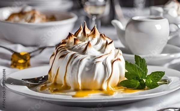 Fototapeta Baked Alaska flambe topped with perfectly browned meringue, creating a visually appealing contrast and delightful texture in every bite.