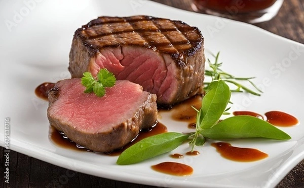 Fototapeta Filet mignon, perfect for a special dinner, celebrated for its tender meat, exquisite flavor and often paired with gourmet sides and sauces for an exceptional dining experience.
