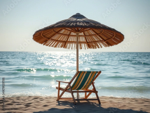 Fototapeta A chair and umbrella on a beach near the ocean, perfect for a relaxing day out