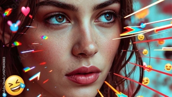 Obraz A woman's face is surrounded by a bunch of emojis, including a smiley face