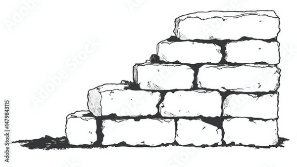 Fototapeta A black and white, hand-drawn illustration of a stack of bricks on a white background. A stack of bricks.	
