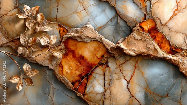 Fototapeta Elegant Marble Pattern with Golden Autumn Flowers and Mosaic Background for Sophisticated Wall Decor. Ultra-realistic high-resolution marble design featuring intricate veins and warm tone