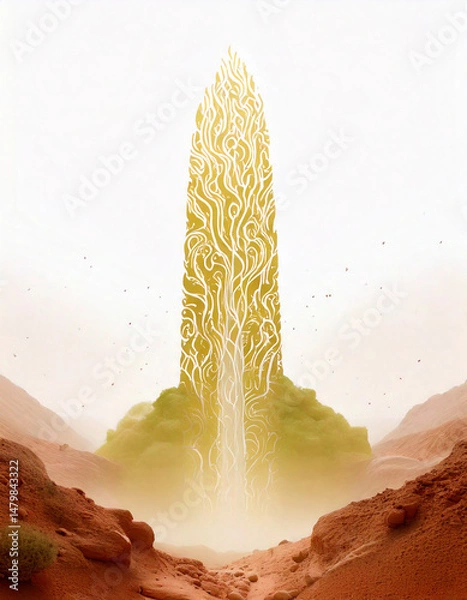 Obraz futuristic city, vertical architecture, mountain valley, glowing tower, dramatic landscape, science fiction, isolated structure, surreal environment, towering spire, advanced civilization, wilderness,