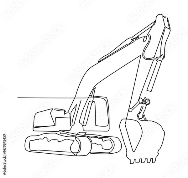 Fototapeta One line drawing of an excavator machine. for building projects, industrial content, construction-themed graphics, engineering visuals, or educational materials related to heavy machinery.